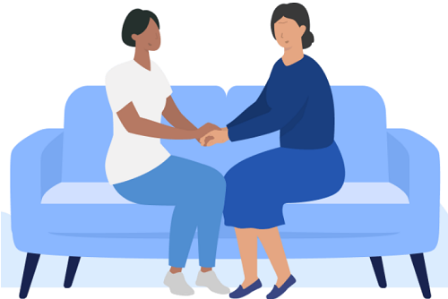 Two women sitting on sofa holding hands graphic